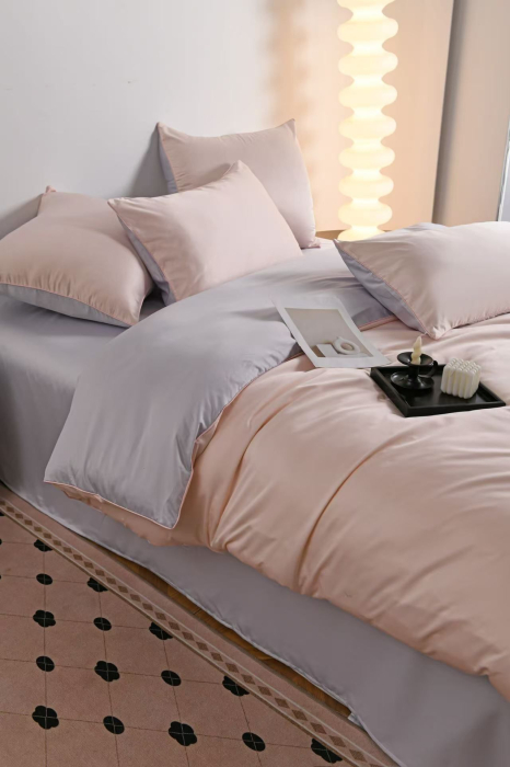 Lenjerie De Pat Premium Din Matase 6 Piese - Somon Cu Gri Deschis [14]