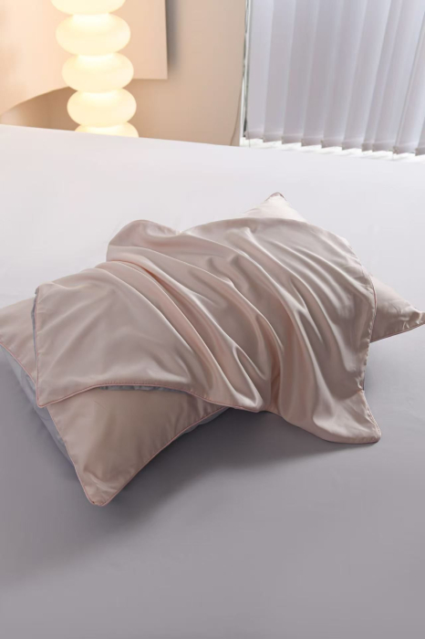 Lenjerie De Pat Premium Din Matase 6 Piese - Somon Cu Gri Deschis [12]