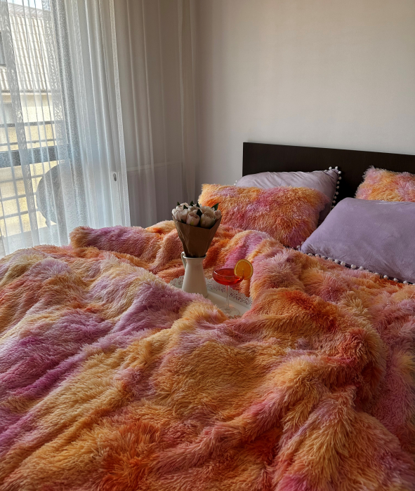 Lenjerie De Pat Pufoasa FLUFFY - Lila/Portocaliu Cu Ciucuri [11]