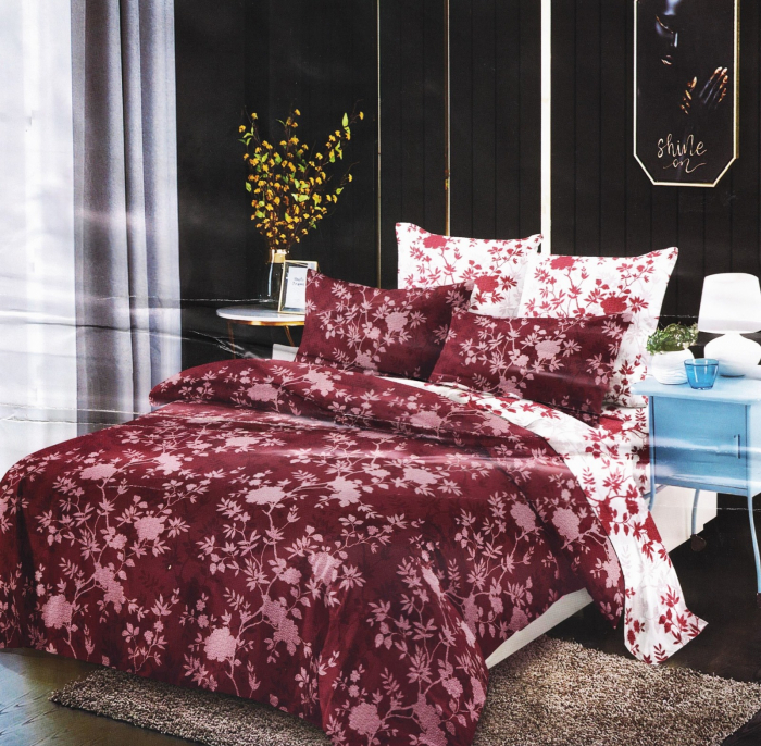 Lenjerie Din Bumbac Satinat 4 Piese - Bordo Floral [1]