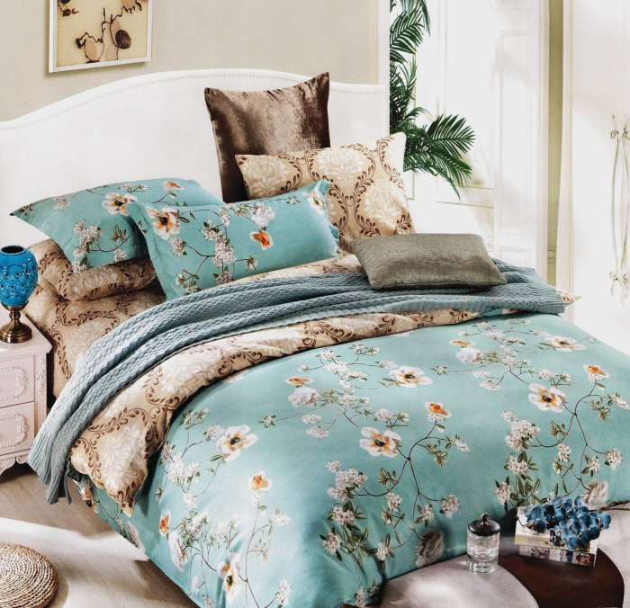 Lenjerie Din Bumbac Satinat 6 Piese -  Bleu Floral [1]
