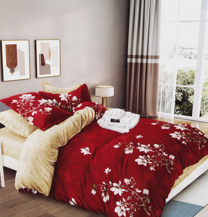 Lenjerie Din Bumbac Satinat 6 Piese -  Rosu Floral [1]