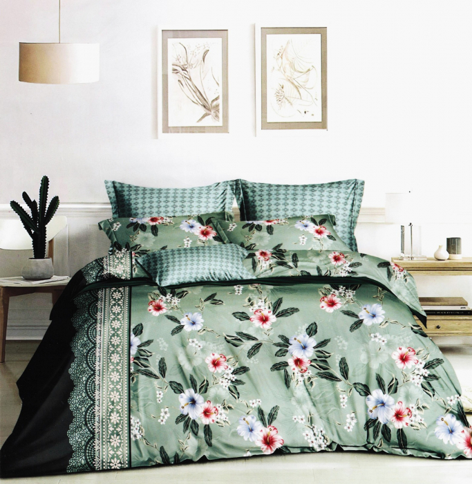 Lenjerie Din Bumbac Satinat 6 Piese - Verde Pin Floral [1]