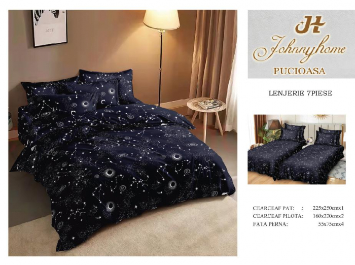 Lenjerie Din Bumbac Satinat 7 Piese Cu 2 Cearceafuri Pilota - Bleumarin Cu Constelatii [1]