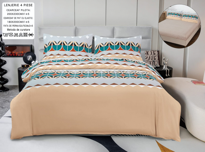 Lenjerie Din Bumbac Satinat Cu Elastic 4 Piese - Bej Tribal [1]