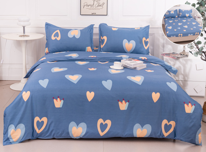 Lenjerie Din Bumbac Satinat Cu Elastic 4 Piese - Bleu cu Inimi Si Coroane [1]
