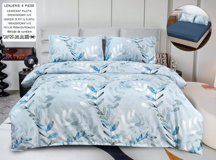Lenjerie Din Bumbac Satinat Cu Elastic 4 Piese - Bleu Frunze [1]
