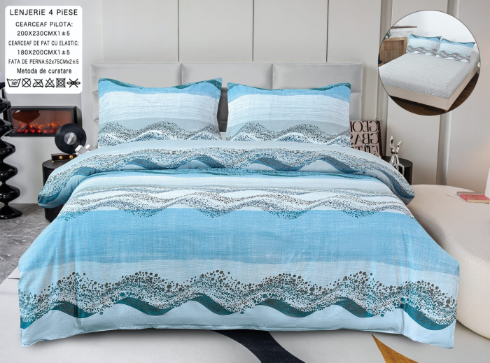 Lenjerie Din Bumbac Satinat Cu Elastic 4 Piese - Bleu Valuri [1]