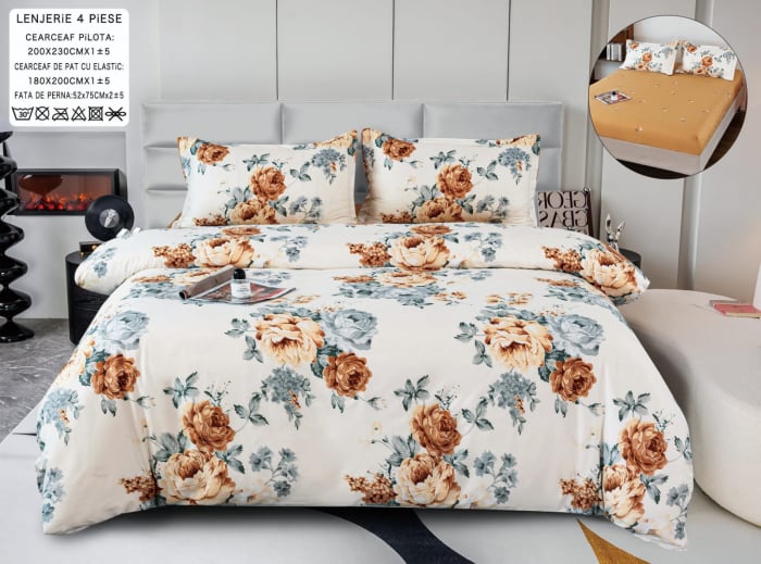 Lenjerie Din Bumbac Satinat Cu Elastic 4 Piese - Crem Cu Flori Portocali [1]