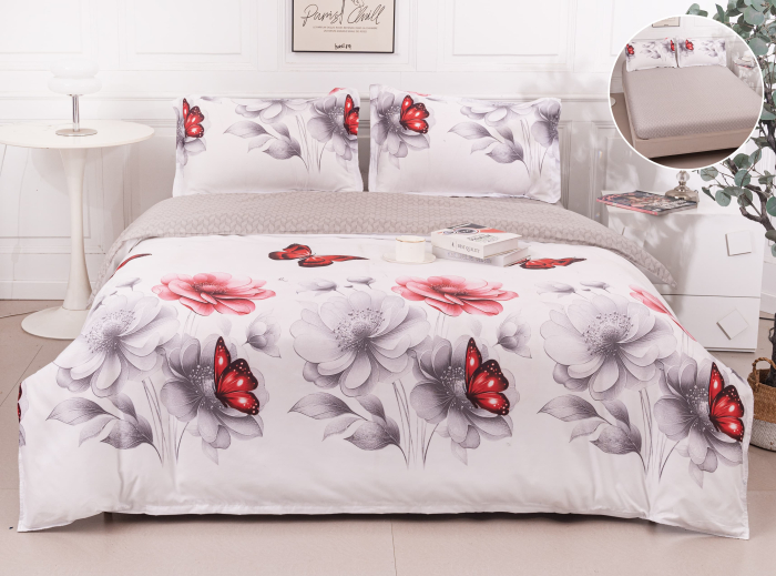 Lenjerie Din Bumbac Satinat Cu Elastic 4 Piese - Fluturi Si Flori Gri [1]