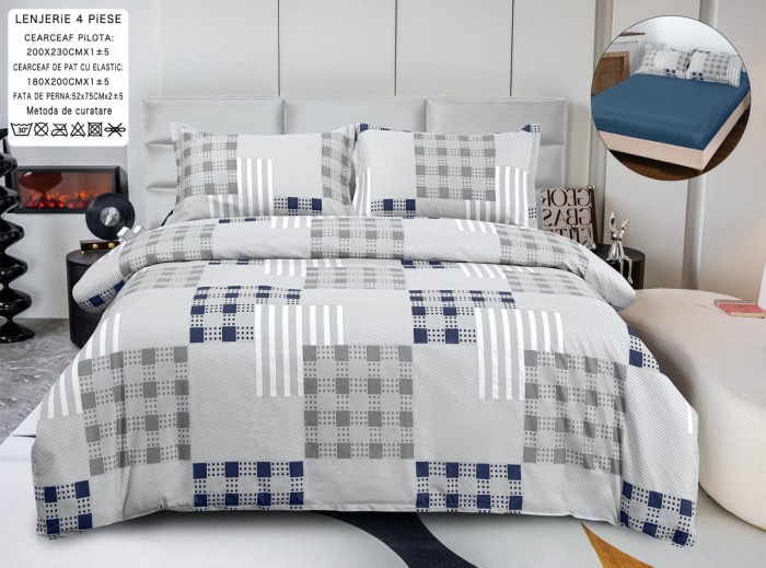 Lenjerie Din Bumbac Satinat Cu Elastic 4 Piese - Gri Carouri [1]