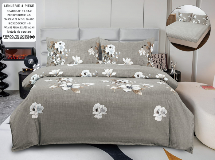 Lenjerie Din Bumbac Satinat Cu Elastic 4 Piese - Gri Cu Flori [1]