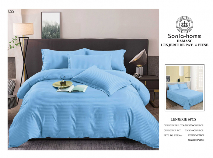 Lenjerie Din Bumbac Satinat Tip Damasc 6 Piese - Bleu [1]