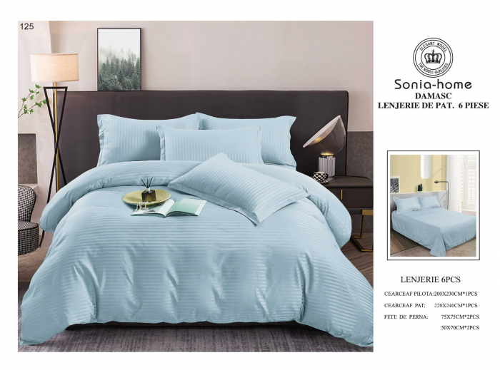 Lenjerie Din Bumbac Satinat Tip Damasc  6 Piese - Bleu Deschis [1]
