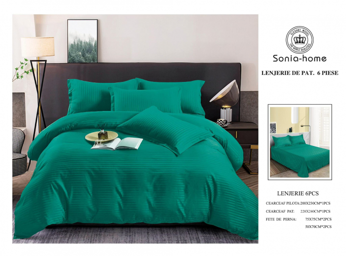 Lenjerie Din Bumbac Satinat Tip Damasc 6 Piese - Verde Pin [1]