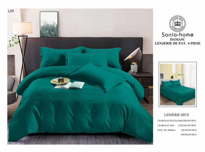 Lenjerie Din Bumbac Satinat Tip Damasc 6 Piese - Verde Smarald [1]