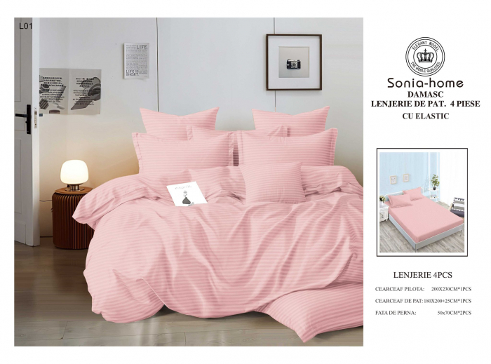 Lenjerie Din Bumbac Tip Damasc Cu Elastic 4 Piese - Roz Deschis [1]