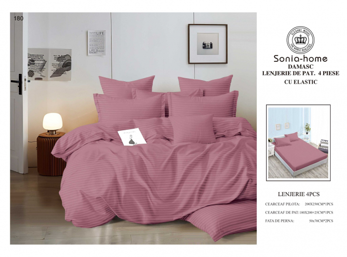 Lenjerie Din Bumbac Tip Damasc Cu Elastic 4 Piese - Roz Pudra [1]