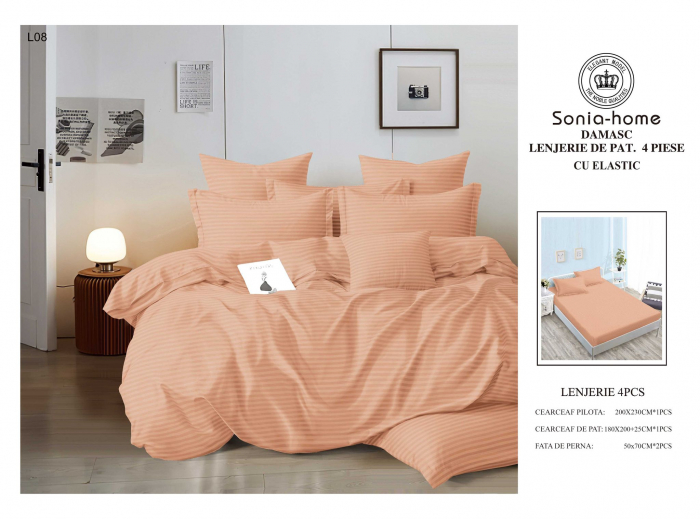 Lenjerie Din Bumbac Tip Damasc Cu Elastic 4 Piese - Roz Somon [1]