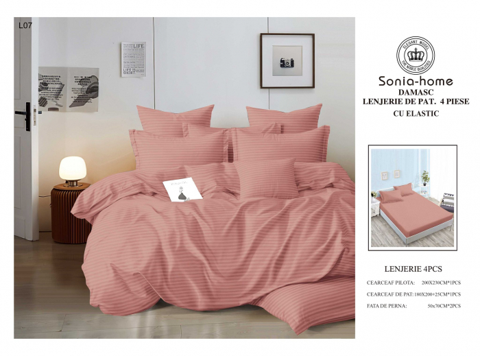Lenjerie Din Bumbac Tip Damasc Cu Elastic 4 Piese - Roze [1]