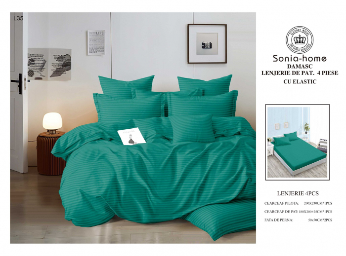 Lenjerie Din Bumbac Tip Damasc Cu Elastic 4 Piese - Verde Topaz [1]
