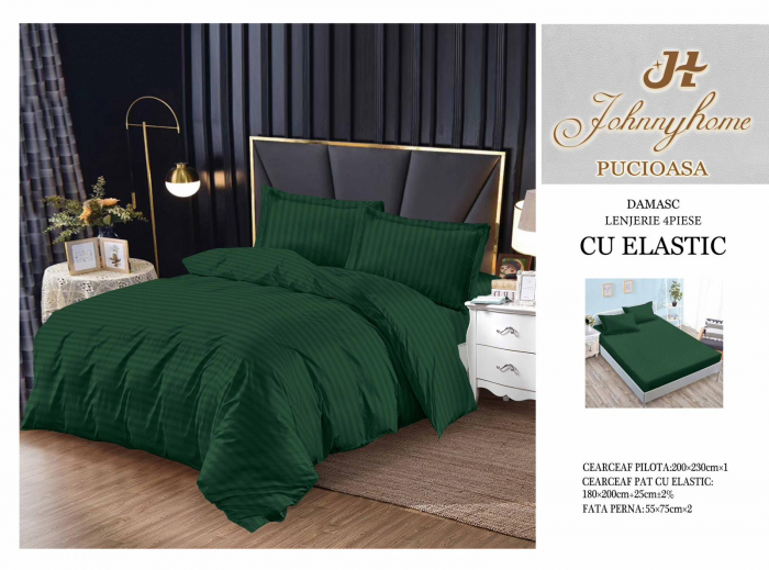Lenjerie Din Bumbac Tip Damasc Cu Elastic - Verde Pin [1]
