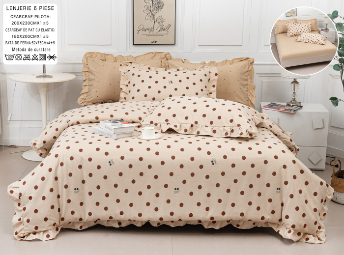 Lenjerie Din Bumbac Tip Finet 6 Piese Cu Elastic Model Volanas - Bej Cu Buline [1]