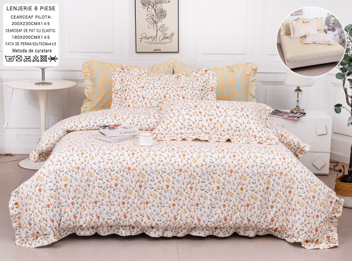 Lenjerie Din Bumbac Tip Finet 6 Piese Cu Elastic Model Volanas - Floricele Si Carouri [1]