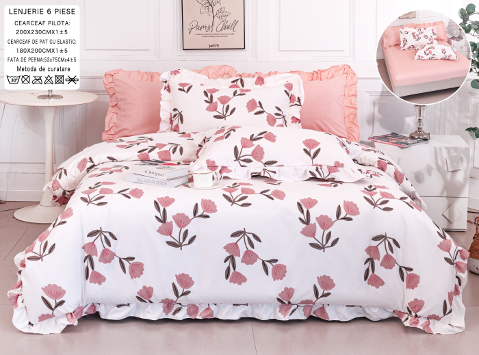 Lenjerie Din Bumbac Tip Finet 6 Piese Cu Elastic Model Volanas - Roz Cu Flori [1]