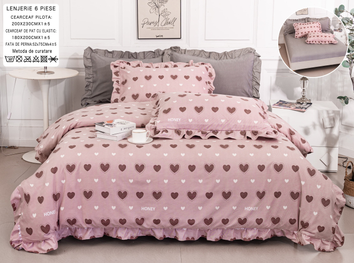 Lenjerie Din Bumbac Tip Finet 6 Piese Cu Elastic Model Volanas - Roz Cu Inimioare [1]