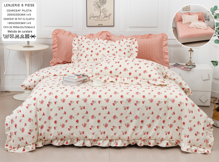 Lenjerie Din Bumbac Tip Finet 6 Piese Cu Elastic Model Volanas - Roz Piersica Si Flori [1]