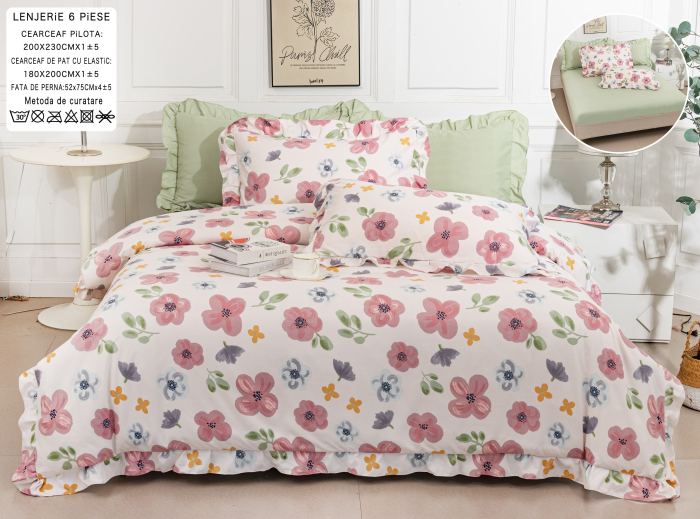 Lenjerie Din Bumbac Tip Finet 6 Piese Cu Elastic Model Volanas  - Verde Cu Flori Multicolore [1]