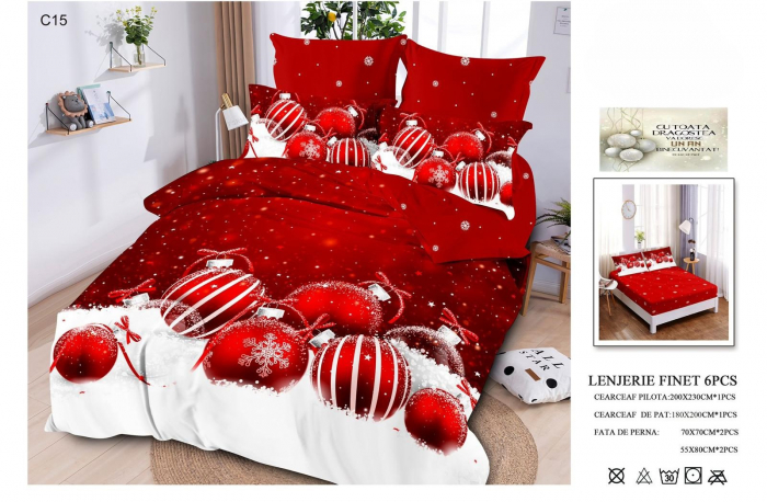 Lenjerie Din Bumbac Tip Finet Cu Elastic Craciun - Globuri Rosii [1]