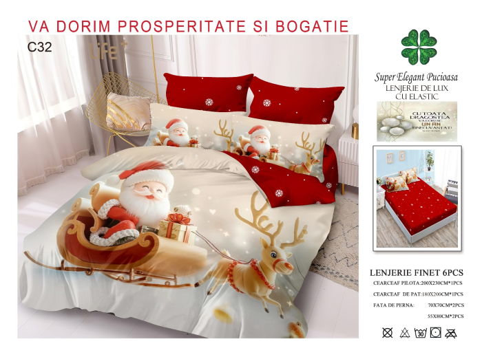 Lenjerie Din Bumbac Tip Finet Cu Elastic Craciun - Mos In Sanie Cu Cadouri [1]