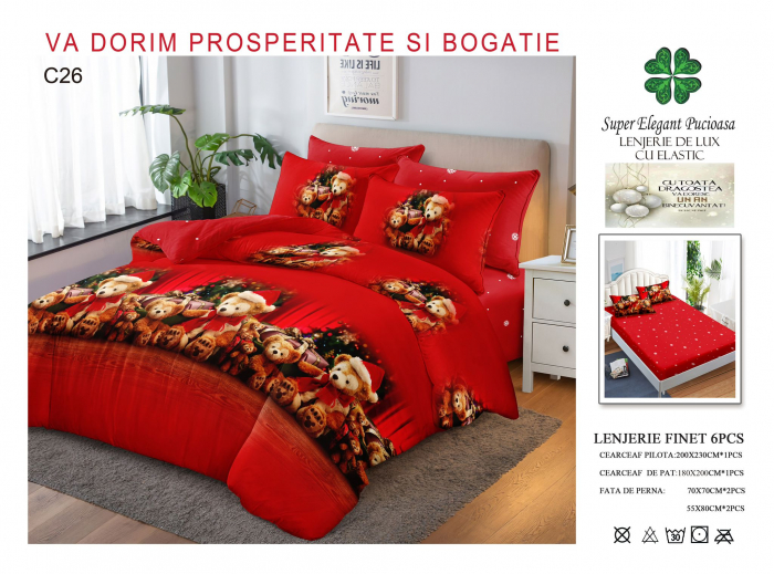 Lenjerie Din Bumbac Tip Finet Cu Elastic Craciun - Ursuletii De Plus [1]