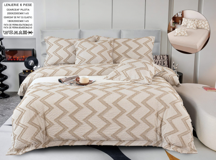 Lenjerie Din Bumbac Tip Finet Cu Elastic Model Gofrat  - Bej Zig Zag [1]