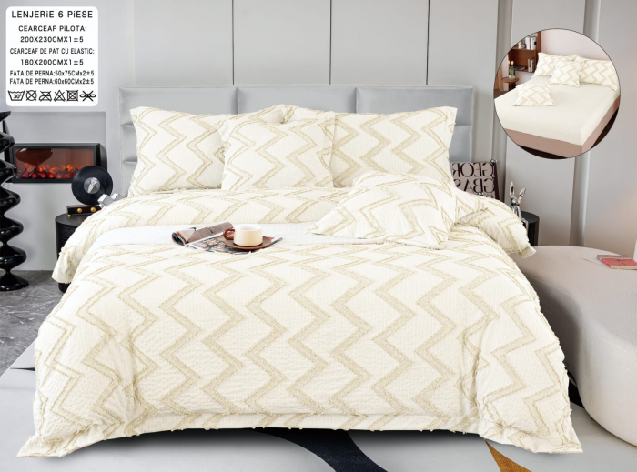 Lenjerie Din Bumbac Tip Finet Cu Elastic Model Gofrat  - Crem Zig Zag [1]