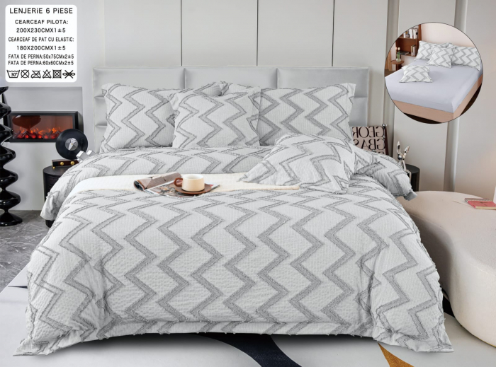 Lenjerie Din Bumbac Tip Finet Cu Elastic Model Gofrat  - Gri Zig Zag [1]