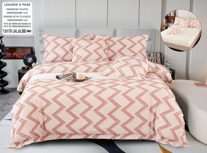 Lenjerie Din Bumbac Tip Finet Cu Elastic Model Gofrat  - Roz Zig Zag [1]