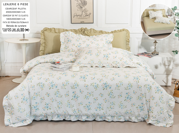 Lenjerie Din Bumbac Tip Finet Cu Elastic Model Volanas  - Alb Cu Flori [1]