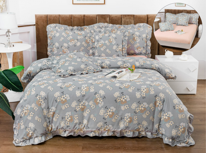 Lenjerie Din Bumbac Tip Finet Cu Elastic Model Volanas  - Gri Boem Floral [1]