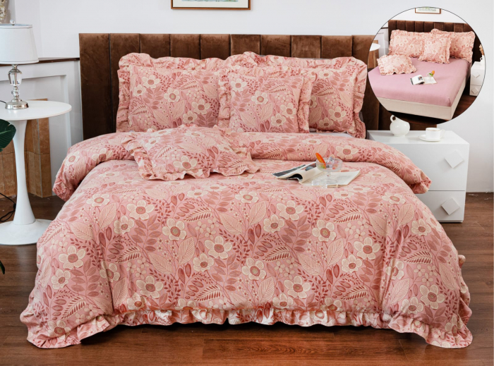 Lenjerie Din Bumbac Tip Finet Cu Elastic Model Volanas  - Roz Floral Boem [1]