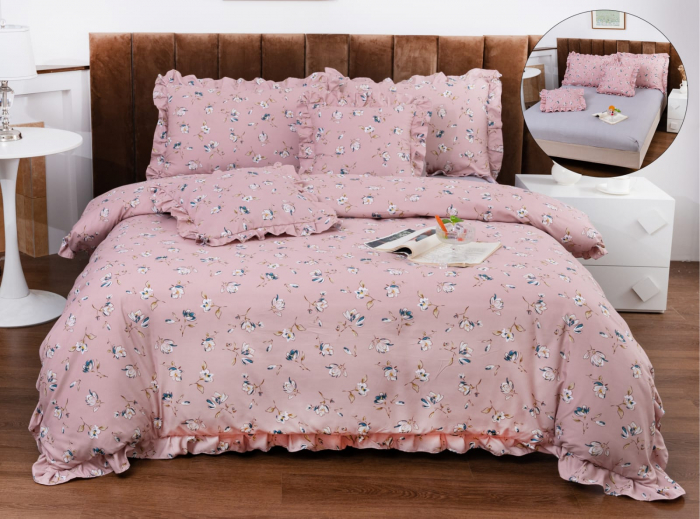 Lenjerie Din Bumbac Tip Finet Cu Elastic Model Volanas  - Roze Boem Floral [1]