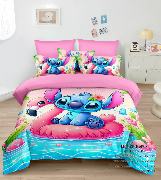 Lenjerie Din Bumbac Tip Finet Pentru Copii Cu Elastic - Stitch Si Colacul De Salvare Roz [1]
