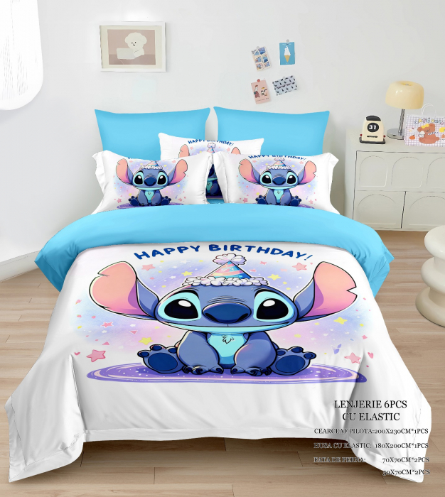 Lenjerie Din Bumbac Tip Finet Premium Cu Elastic - La Multi Ani Stitch [1]