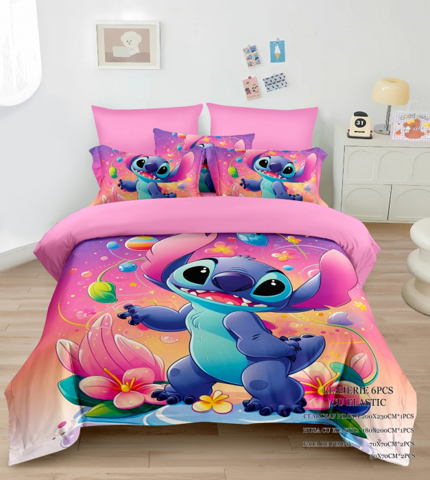 Lenjerie Din Bumbac Tip Finet Premium Cu Elastic - Stitch Dinozaur [1]