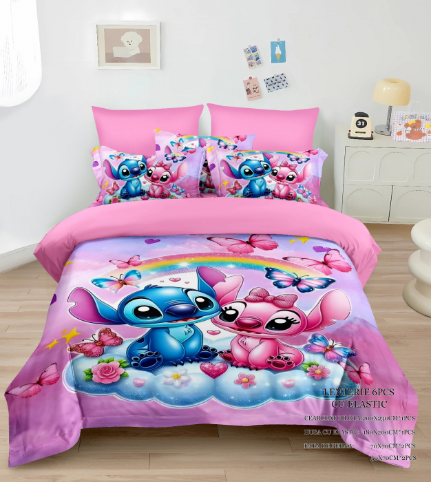Lenjerie Din Bumbac Tip Finet Pentru Copii Cu Elastic - Angel Si Stitch Pe Norisor [1]