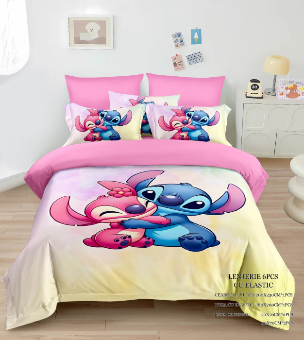 Lenjerie Din Bumbac Tip Finet Pentru Copii Cu Elastic - Stitch Si Angel Imbratisati [1]