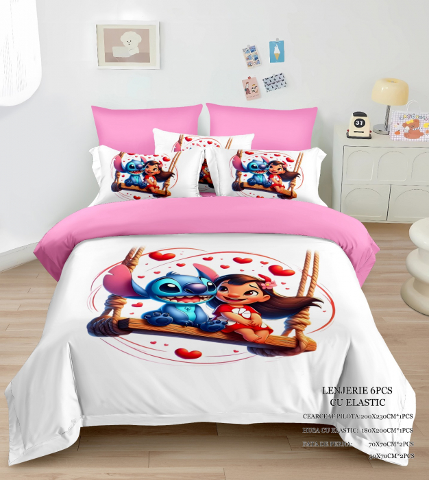 Lenjerie Din Bumbac Tip Finet Premium Cu Elastic - Stitch Si Lilo In Leagan [1]