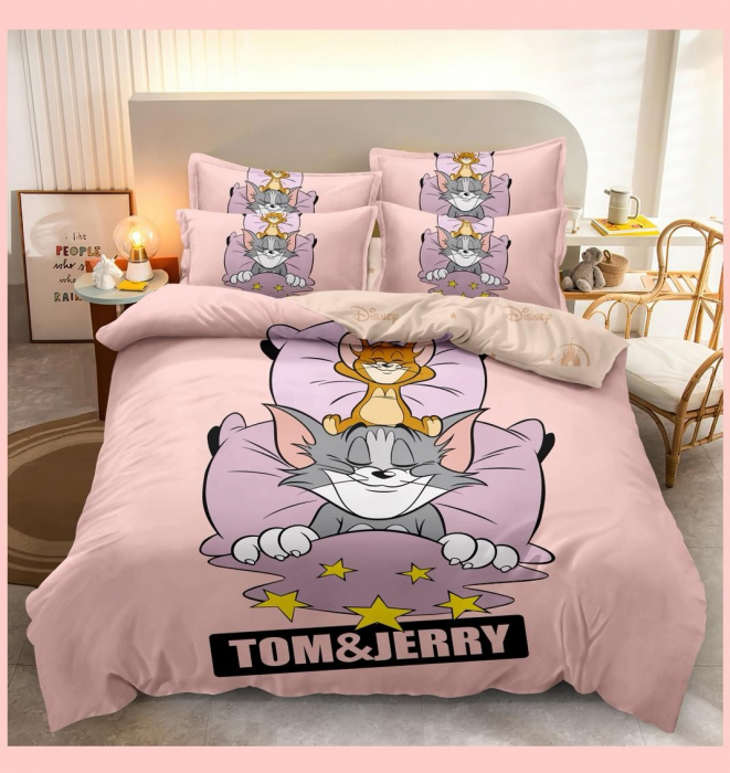 Lenjerie Din Bumbac Tip Finet Premium Disney - Tom Si Jerry Fundal Roz [1]